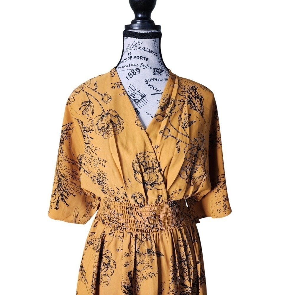 Onetheland Womens Mustard Floral Surplice Wrap Smocked Maxi Dress Size M